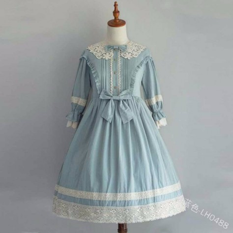 L102 Custom Made to order Linen Sweet Lolita Vintage Bow High Waist Dress Regular Size XS S M L XL & Plus size 1x-10x (SZ16-52)