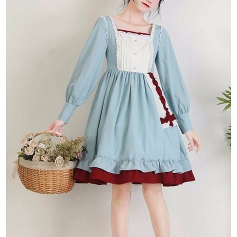 L108 Custom Made to order Thick Chiffon Square Neck Lolita Ruffle Big Swing Dress Regular Size XS S M L XL & Plus size 1x-10x (SZ16-52)