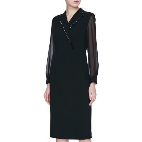 L208 Custom Made to order Cotton blend Jersey Long Sleeve Nail bead Trim Midi Sheath Dress Regular Size XS S M L XL & Plus size 1x-10x (SZ16-52)