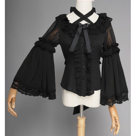 L22 Custom Made to order Chiffon Flared Sleeve Lolita Gothic Blouse Ruffle Regular Size XS S M L XL & Plus size 1x-10x (SZ16-52)