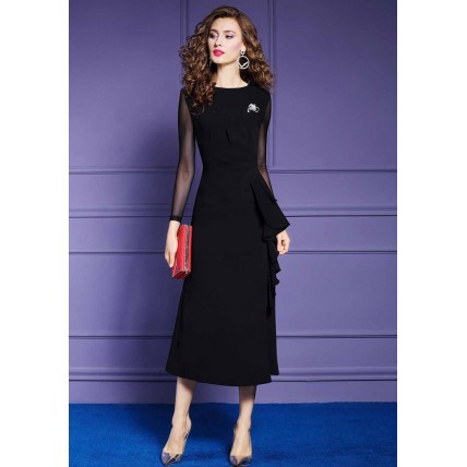 L265 Custom Made to order Cotton Blend Spandex Ruffle Tulle Sleeve Patchwork Evening Dress Regular Size XS S M L XL & Plus size 1x-10x (SZ16-52)