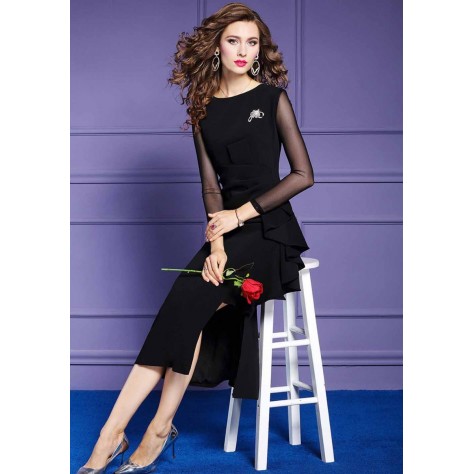 L265 Custom Made to order Cotton Blend Spandex Ruffle Tulle Sleeve Patchwork Evening Dress Regular Size XS S M L XL & Plus size 1x-10x (SZ16-52)