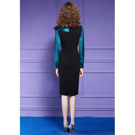 L266 Custom Made to order Cotton Blend Spandex/Velvet Slant Neck Ruffle Bodycon Sexy Pencil Dress Regular Size XS S M L XL & Plus size 1x-10x (SZ16-52)