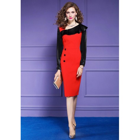 L266 Custom Made to order Cotton Blend Spandex/Velvet Slant Neck Ruffle Bodycon Sexy Pencil Dress Regular Size XS S M L XL & Plus size 1x-10x (SZ16-52)