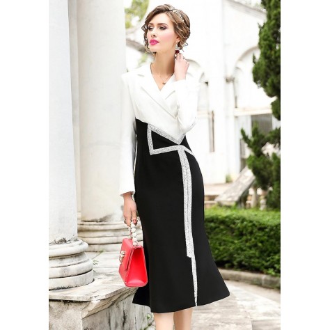 L269 Custom Made to order Satin Lapel Contrast Fishtail Party Dress Regular Size XS S M L XL & Plus size 1x-10x (SZ16-52)