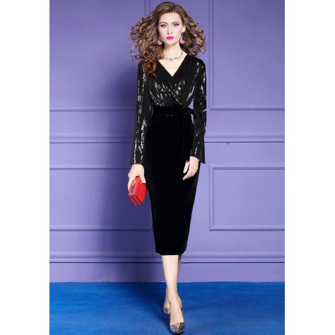 L270 Custom Made to order Velvet Sequin Patchwork Sexy Sheath Dress Regular Size XS S M L XL & Plus size 1x-10x (SZ16-52)