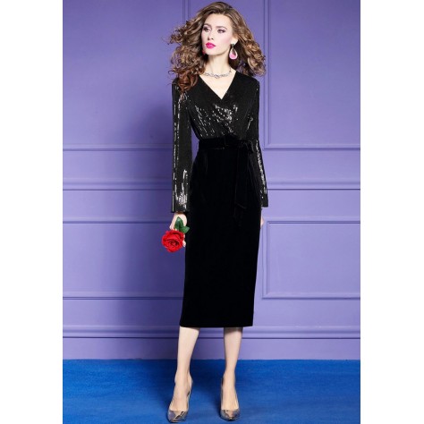 L270 Custom Made to order Velvet Sequin Patchwork Sexy Sheath Dress Regular Size XS S M L XL & Plus size 1x-10x (SZ16-52)