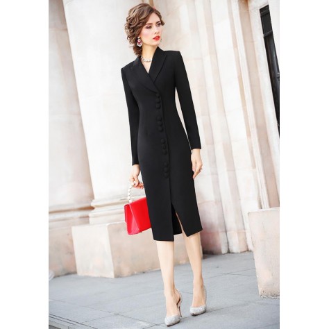 L272 Custom Made to order Cotton Blend Spandex Lapel Work Office Formal Slim Sheath Dress Regular Size XS S M L XL & Plus size 1x-10x (SZ16-52)