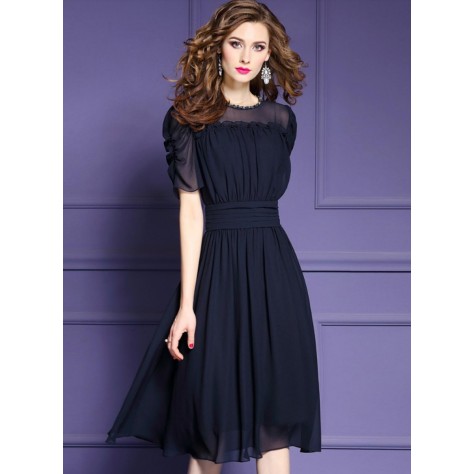 L279 Custom Made to order Chiffon Crew Neck Beaded Pleated Chiffon Party Dress Regular Size XS S M L XL & Plus size 1x-10x (SZ16-52)