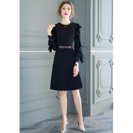 L283 Custom Made to order Chiffon Ruffle Long Sleeve A-Line Day Dress Regular Size XS S M L XL & Plus size 1x-10x (SZ16-52)