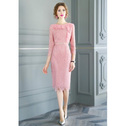 L284 Custom Made to order Lace 3/4 Sleeve Ruffle-Trimmed Pencil Dress Regular Size XS S M L XL & Plus size 1x-10x (SZ16-52)