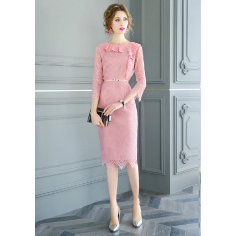 L284 Custom Made to order Lace 3/4 Sleeve Ruffle-Trimmed Pencil Dress Regular Size XS S M L XL & Plus size 1x-10x (SZ16-52)