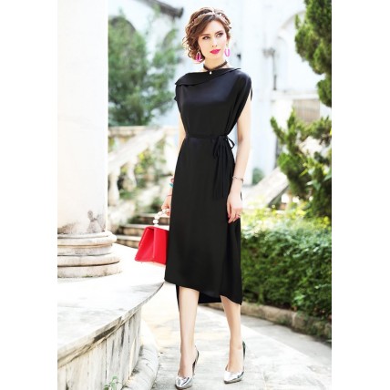 L288 Custom Made to order Satin Tie-Waist Relaxed Fit  Asymmetric Dress Regular Size XS S M L XL & Plus size 1x-10x (SZ16-52)