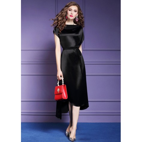 L288 Custom Made to order Satin Tie-Waist Relaxed Fit  Asymmetric Dress Regular Size XS S M L XL & Plus size 1x-10x (SZ16-52)