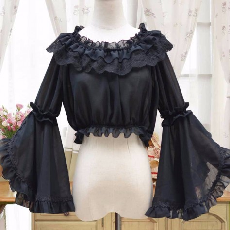 L29 Chiffon Flared Sleeve Crop Top Lolita Gothic Blouse Shirt Regular Size XS S M L XL & Plus size 1x-10x (SZ16-52)