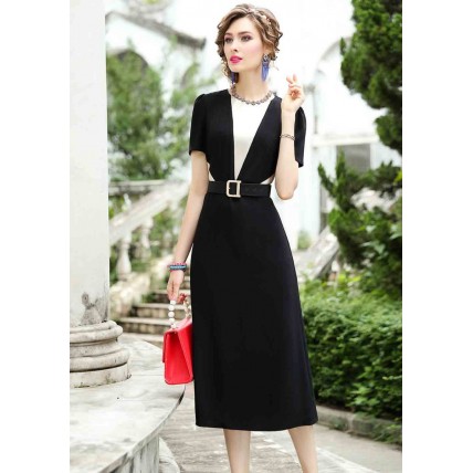 L293 Custom Made to order Cotton blend Jersey Crew Neck Contrast Midi A-Line Casual Dress Regular Size XS S M L XL & Plus size 1x-10x (SZ16-52)