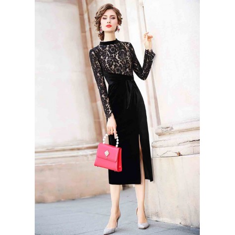 L298 Custom Made to order Velvet /Lace Stand Collar Long Sleeve Sexy Slit Long Dress Regular Size XS S M L XL & Plus size 1x-10x (SZ16-52)