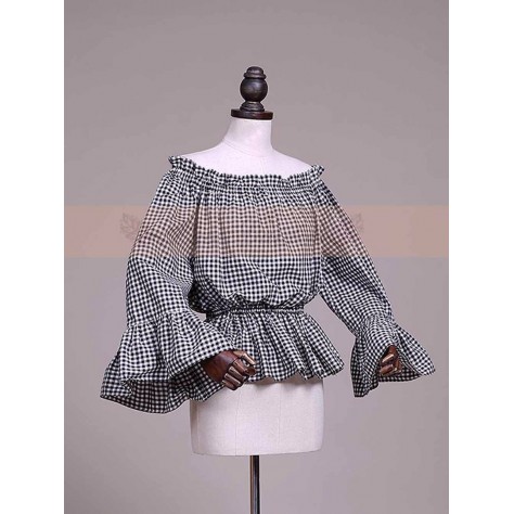 L30 Spandex cotton Poplin Flared Sleeve Check Lolita Gothic Blouse Regular Size XS S M L XL & Plus size 1x-10x (SZ16-52)