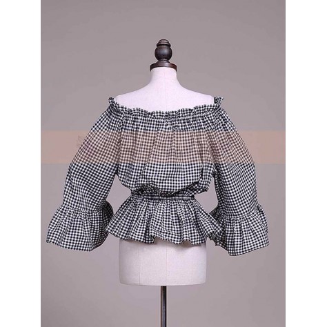 L30 Spandex cotton Poplin Flared Sleeve Check Lolita Gothic Blouse Regular Size XS S M L XL & Plus size 1x-10x (SZ16-52)