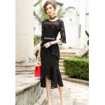 L302 Custom Made to order Cotton blend Jersey /Lace Patchwork Irregular Slim Evening Dress Regular Size XS S M L XL & Plus size 1x-10x (SZ16-52)