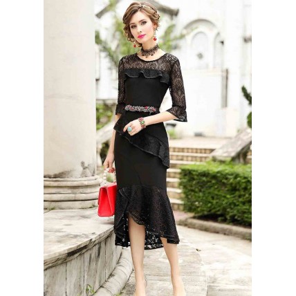 L302 Custom Made to order Cotton blend Jersey /Lace Patchwork Irregular Slim Evening Dress Regular Size XS S M L XL & Plus size 1x-10x (SZ16-52)