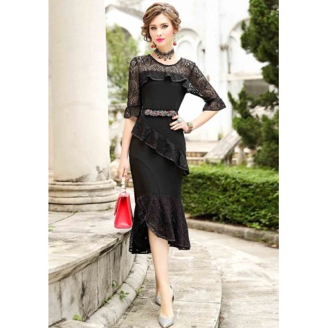 L302 Custom Made to order Cotton blend Jersey /Lace Patchwork Irregular Slim Evening Dress Regular Size XS S M L XL & Plus size 1x-10x (SZ16-52)