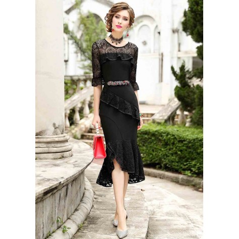 L302 Custom Made to order Cotton blend Jersey /Lace Patchwork Irregular Slim Evening Dress Regular Size XS S M L XL & Plus size 1x-10x (SZ16-52)