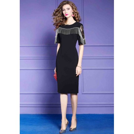 L303 Custom Made to order Cotton Blend Spandex Half Sleeve Fringe Trim Stretch Sheath Dress Regular Size XS S M L XL & Plus size 1x-10x (SZ16-52)