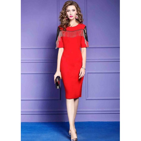 L303 Custom Made to order Cotton Blend Spandex Half Sleeve Fringe Trim Stretch Sheath Dress Regular Size XS S M L XL & Plus size 1x-10x (SZ16-52)