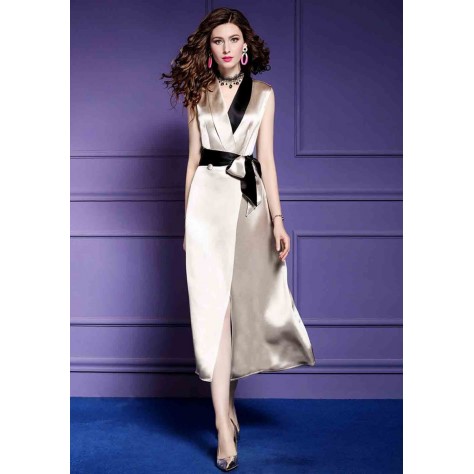 L305 Custom Made to order Satin Sleeveless V-Neck Contrast Party Long Dress Regular Size XS S M L XL & Plus size 1x-10x (SZ16-52)