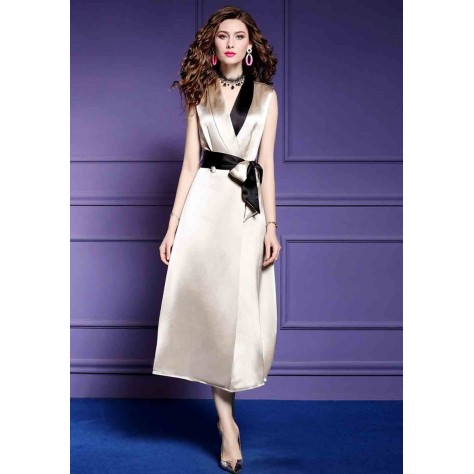 L305 Custom Made to order Satin Sleeveless V-Neck Contrast Party Long Dress Regular Size XS S M L XL & Plus size 1x-10x (SZ16-52)