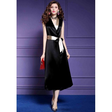 L305 Custom Made to order Satin Sleeveless V-Neck Contrast Party Long Dress Regular Size XS S M L XL & Plus size 1x-10x (SZ16-52)