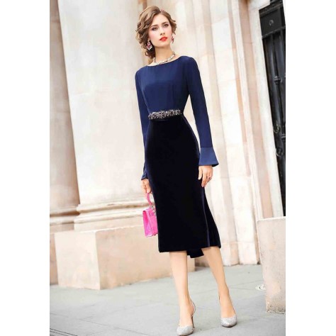 L310 Custom Made to order Velvet Flared Sleeve Slim Midi Party Dress Regular Size XS S M L XL & Plus size 1x-10x (SZ16-52)