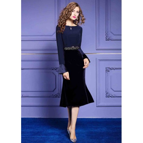 L310 Custom Made to order Velvet Flared Sleeve Slim Midi Party Dress Regular Size XS S M L XL & Plus size 1x-10x (SZ16-52)