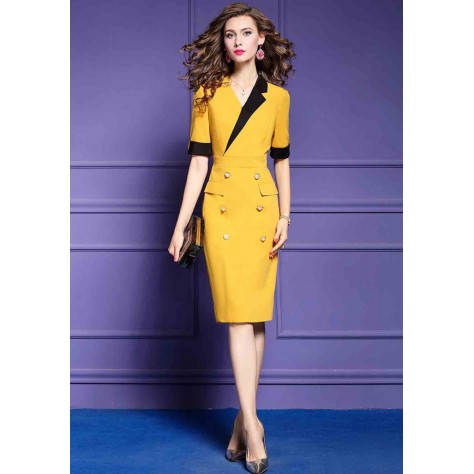 L311 Custom Made to order Cotton Blend Spandex Half Sleeve Double-Breasted Sheath Dress Regular Size XS S M L XL & Plus size 1x-10x (SZ16-52)