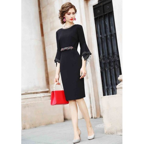 L313 Custom Made to order Cotton Blend Spandex Crew Neck Flared Sleeve Slim Pencil Dress Regular Size XS S M L XL & Plus size 1x-10x (SZ16-52)