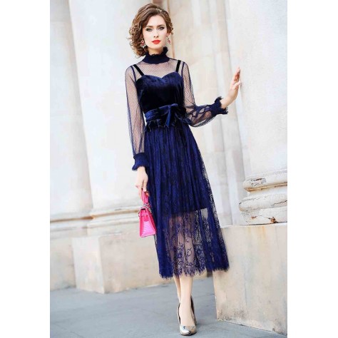 L314 Custom Made to order Velvet/Lace High Neck Tie-Waist Lace Party Long Dress Regular Size XS S M L XL & Plus size 1x-10x (SZ16-52)