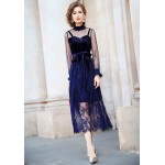 L314 Custom Made to order Velvet/Lace High Neck Tie-Waist Lace Party Long Dress Regular Size XS S M L XL & Plus size 1x-10x (SZ16-52)