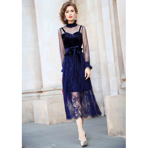 L314 Custom Made to order Velvet/Lace High Neck Tie-Waist Lace Party Long Dress Regular Size XS S M L XL & Plus size 1x-10x (SZ16-52)