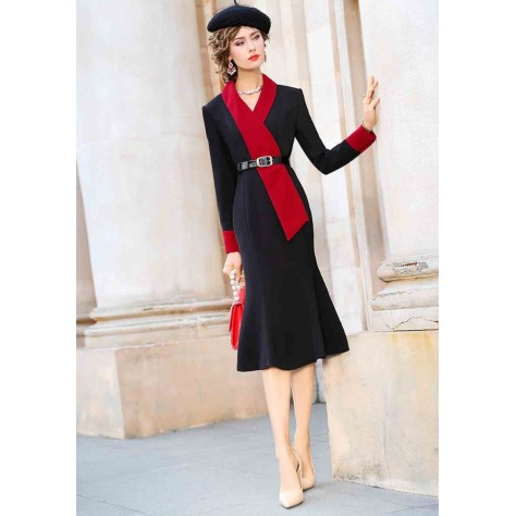 L315 Custom Made to order Cotton Blend Spandex V-Neck Long Sleeve Fishtail Slim Midi Dress Regular Size XS S M L XL & Plus size 1x-10x (SZ16-52)