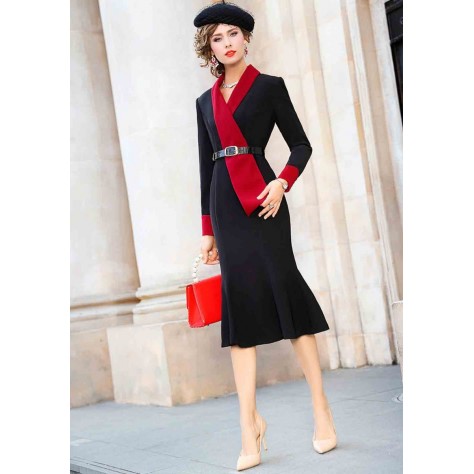 L315 Custom Made to order Cotton Blend Spandex V-Neck Long Sleeve Fishtail Slim Midi Dress Regular Size XS S M L XL & Plus size 1x-10x (SZ16-52)