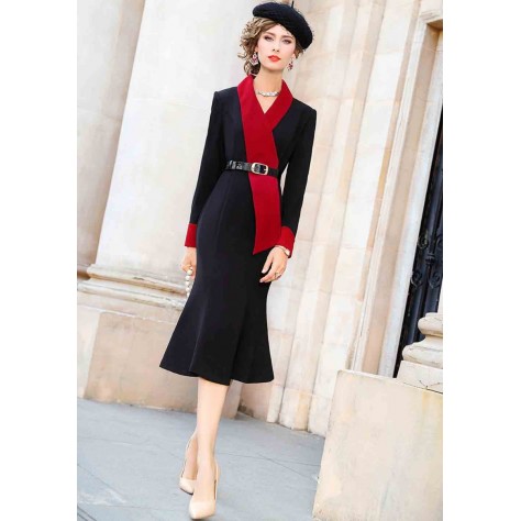 L315 Custom Made to order Cotton Blend Spandex V-Neck Long Sleeve Fishtail Slim Midi Dress Regular Size XS S M L XL & Plus size 1x-10x (SZ16-52)