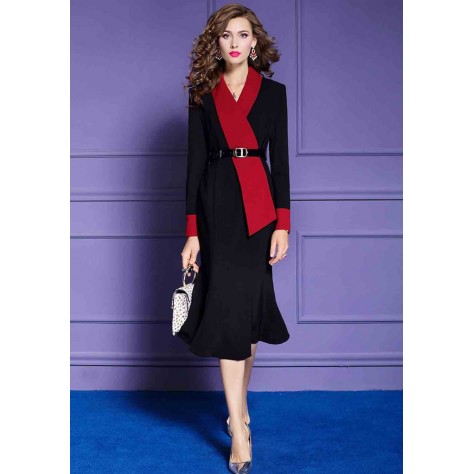 L315 Custom Made to order Cotton Blend Spandex V-Neck Long Sleeve Fishtail Slim Midi Dress Regular Size XS S M L XL & Plus size 1x-10x (SZ16-52)