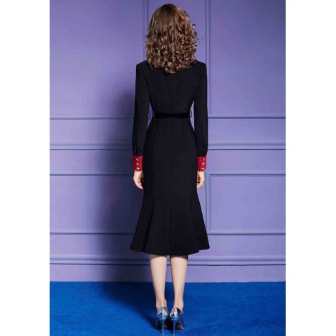 L315 Custom Made to order Cotton Blend Spandex V-Neck Long Sleeve Fishtail Slim Midi Dress Regular Size XS S M L XL & Plus size 1x-10x (SZ16-52)