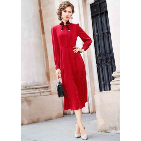 L316 Custom Made to order Satin Chiffon Long Sleeve A-Line Pleated Casual Maxi Dress Regular Size XS S M L XL & Plus size 1x-10x (SZ16-52)