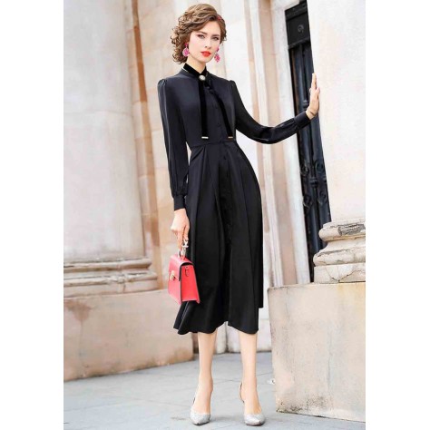 L316 Custom Made to order Satin Chiffon Long Sleeve A-Line Pleated Casual Maxi Dress Regular Size XS S M L XL & Plus size 1x-10x (SZ16-52)