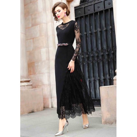 L318 Custom Made to order Cotton Blend Spandex/Lace Asymmetric Lace Patchwork Maxi Evening Dress Regular Size XS S M L XL & Plus size 1x-10x (SZ16-52)