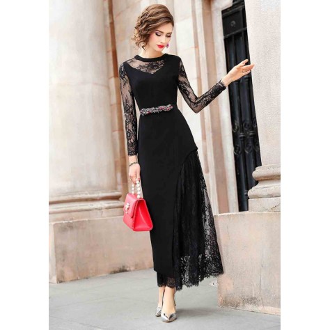 L318 Custom Made to order Cotton Blend Spandex/Lace Asymmetric Lace Patchwork Maxi Evening Dress Regular Size XS S M L XL & Plus size 1x-10x (SZ16-52)