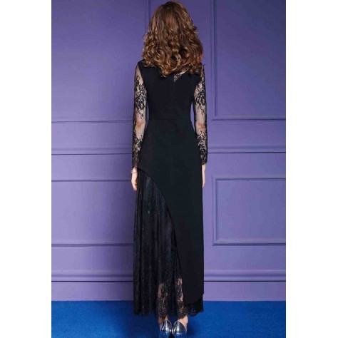 L318 Custom Made to order Cotton Blend Spandex/Lace Asymmetric Lace Patchwork Maxi Evening Dress Regular Size XS S M L XL & Plus size 1x-10x (SZ16-52)