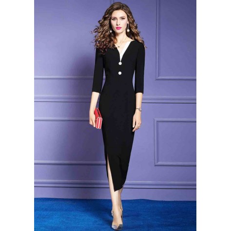 L320 Custom Made to order Cotton Blend Spandex 3/4 Sleeve V-Neck Slim Stretch Maxi Dress Regular Size XS S M L XL & Plus size 1x-10x (SZ16-52)